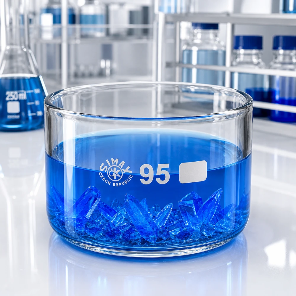 Simax Kristallisierschale 300ml Borosilikatglas ø95mm ohne Ausguss mit blauen Kristallen im Labor