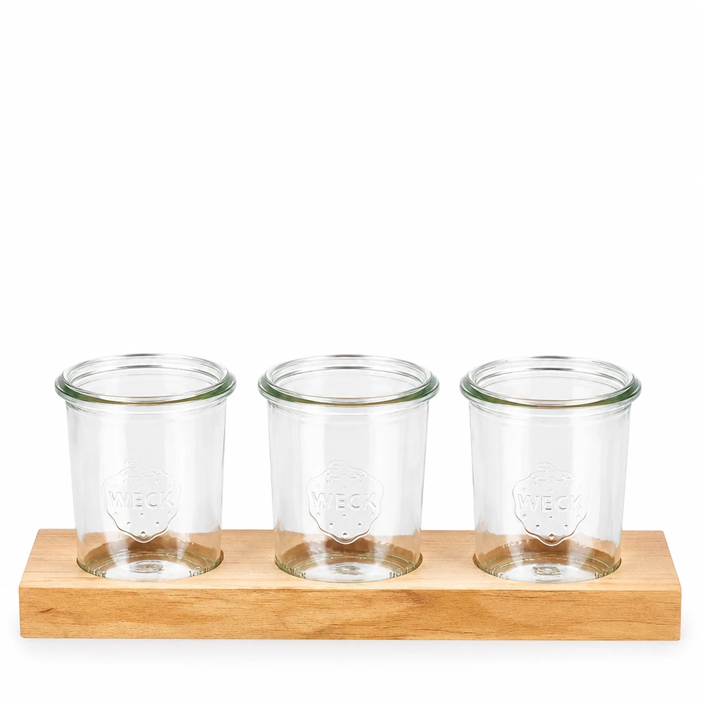 Servierbrett Plano3 aus Holz mit drei Weck Sturzgläsern 160ml für Dips Gewürze und Snacks