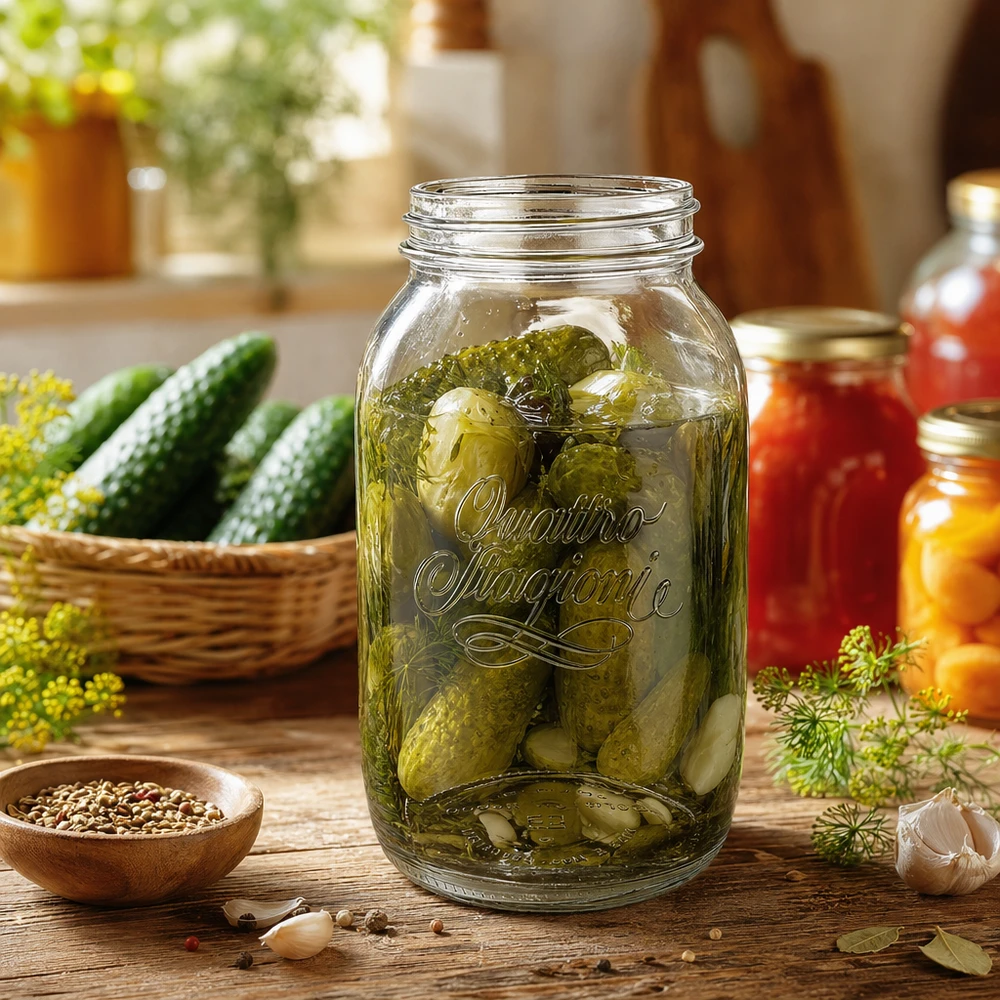 1500ml Quattro Stagioni Haushaltsglas mit eingelegten Gurken gefüllt auf Holztisch mit frischen Zutaten