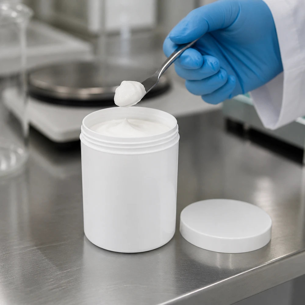 Salbenkruke 100g weiß mit weißem Schraubdeckel (Polypropylen) Salbenkruke 100g weiß PP mit Schraubdeckel im Labor für professionelle Abfüllung von Cremes