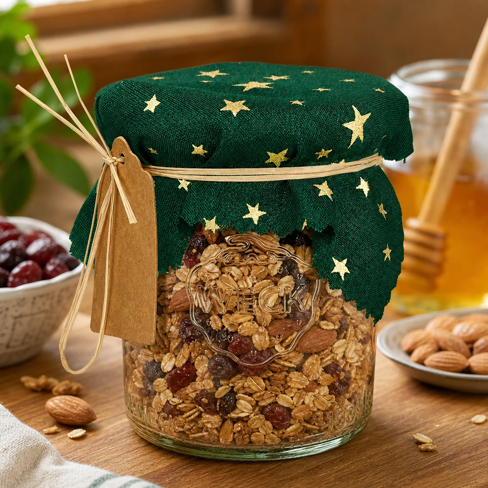 Professionelles Schmuckdeckchen grün mit goldenen Sternen 12cm eckig auf Müsli-Glas, Stoffabdeckung für Gastronomiebetri