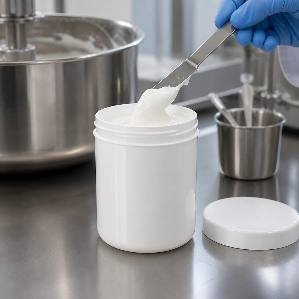 Salbenkruke 500g weiß aus PP mit Schraubdeckel für pharmazeutische und kosmetische Abfüllung