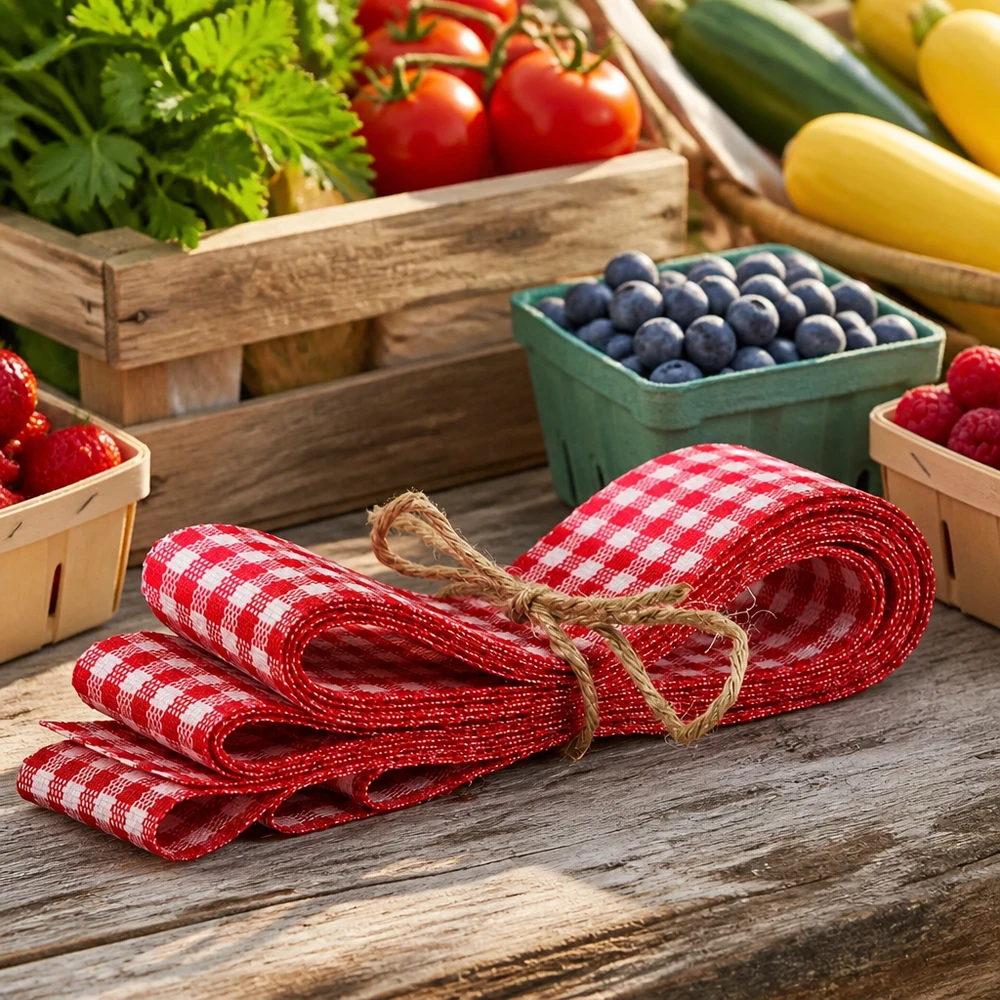 Stoffband rot/weiss zum Dekorieren 300cm Rot-weißes Karostoffband 300cm gebündelt auf Holztisch mit frischen Beeren Tomaten und Gemüse im Landhausstil