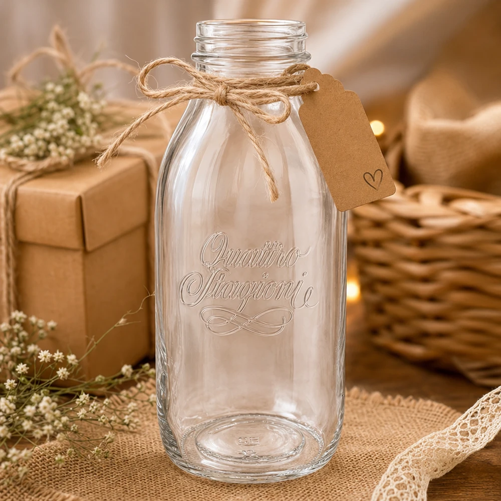 Quattro Stagioni 1000ml Weithalsflasche aus Glas mit Korkenverschluss und rustikaler Dekoration auf Holztisch