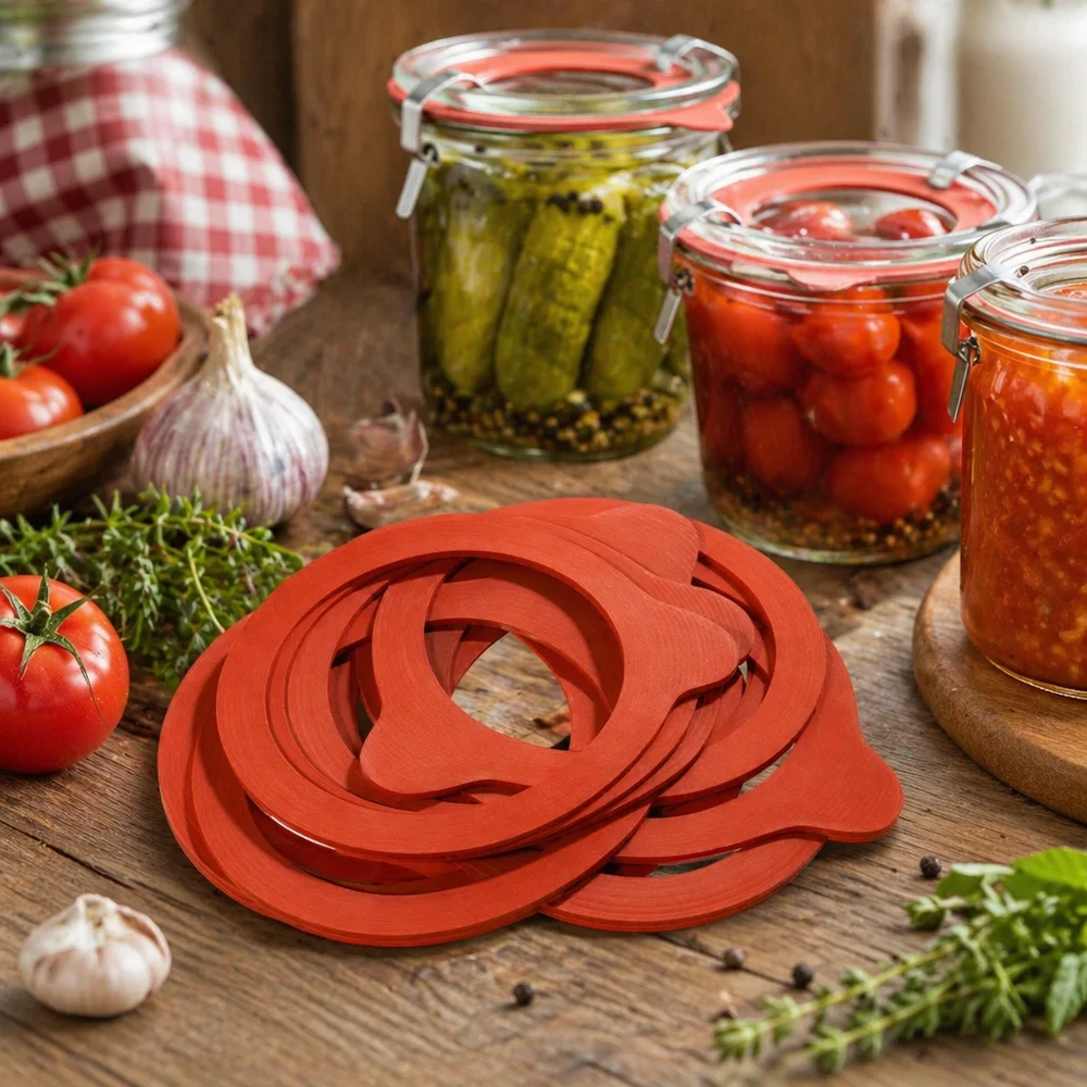 Einkochring Naturgummi RR80 Einkochring RR80 aus Naturgummi für Einmachgläser in Küchenszenerie mit eingekochtem Gemüse und Konserven