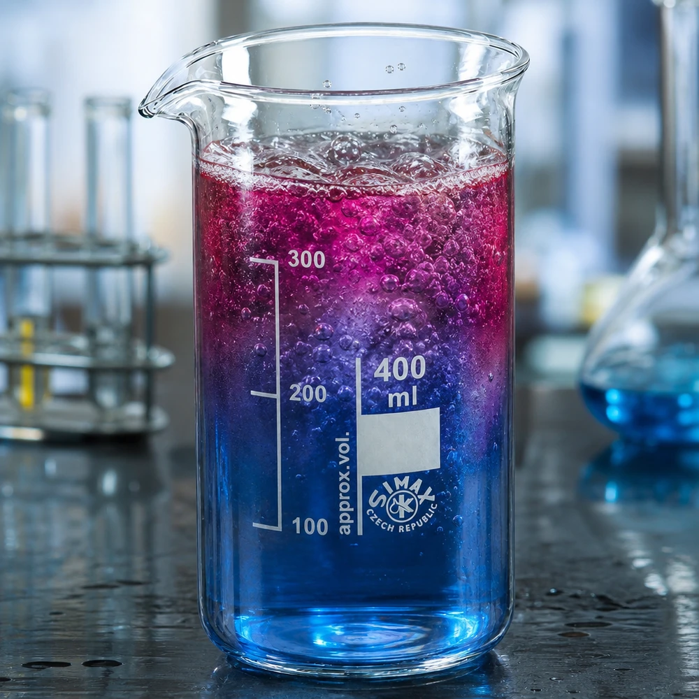 Becherglas 400ml Borosilikatglas, hohe Form Becherglas 400 ml hohe Form Borosilikatglas mit farbiger Reaktionsflüssigkeit für professionellen Laboreinsatz
