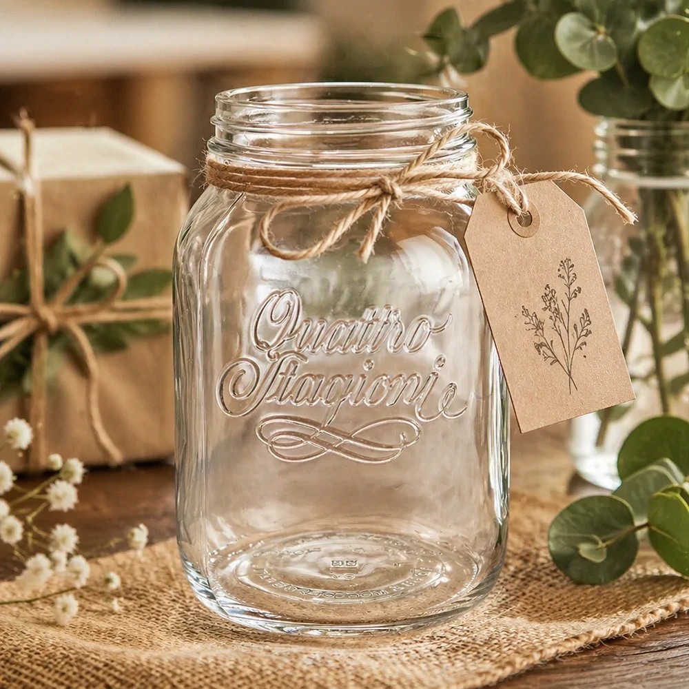 3000ml Quattro Stagioni Haushaltsglas mit Juteschnur und Anhänger auf rustikalem Holztisch mit Dekoration