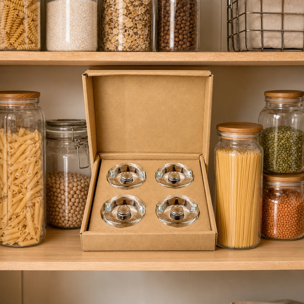 UNiTWIST Fermentier-Glasgewichte 4er Set in Vorratsregal zwischen Einmachgläsern mit Pasta und Hülsenfrüchten