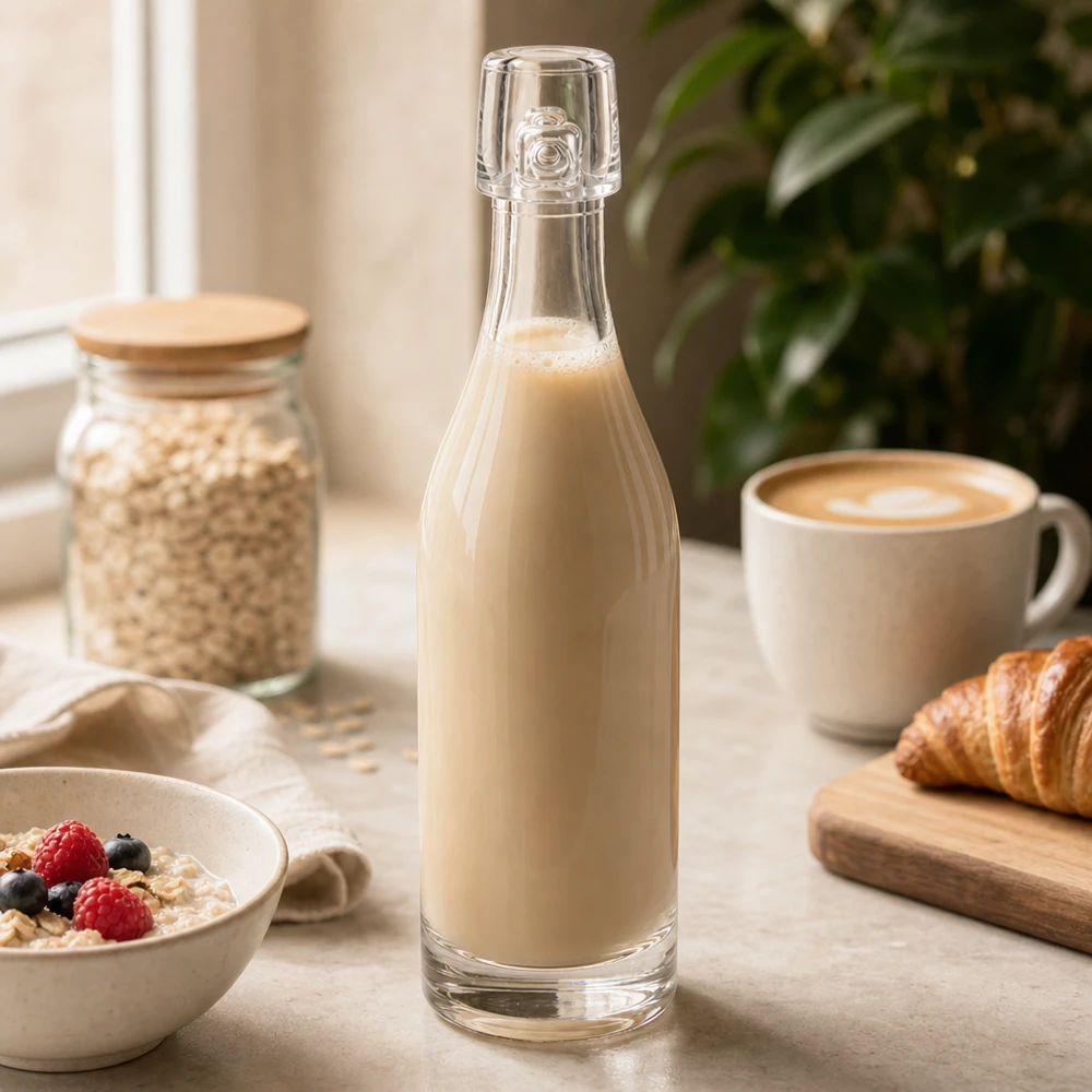 50ml Glasflasche ohne Bügelverschluss UNiTWIST® 50ml Glasflasche UNiTWIST mit Hafermilch befüllt zwischen Frühstückszutaten Müslischale und Croissant Küchentisch
