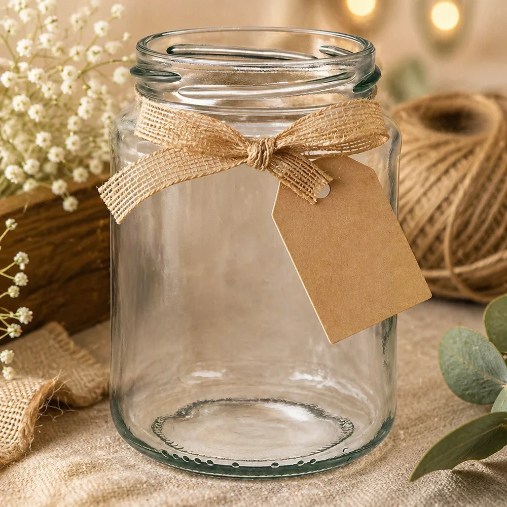 382ml Rundglas ohne Deckel (TO66) UNiTWIST Leeres Rundglas 382ml mit TO66 Gewinde und brauner Schleife, rustikale Deko mit Jute und Blumen