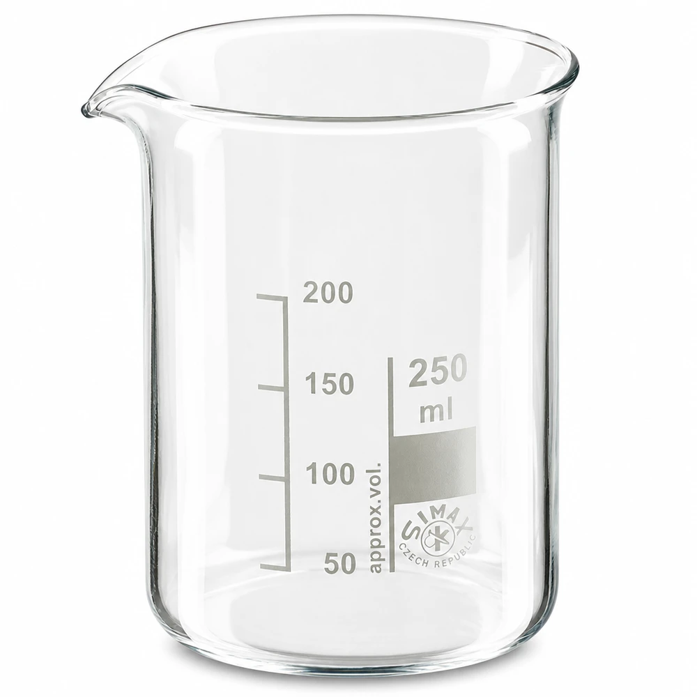 Becherglas 250ml aus Borosilikatglas niedrige Form für professionelle Laboranwendungen bei Pacadura.de
