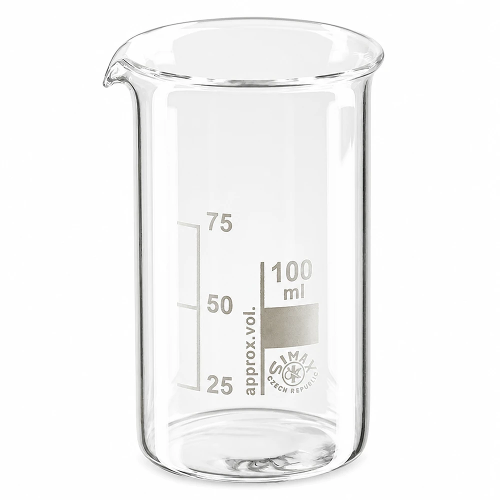 Becherglas 100ml Borosilikatglas, hohe Form Becherglas 100ml hohe Form aus Borosilikatglas mit Graduierung für professionellen Laboreinsatz