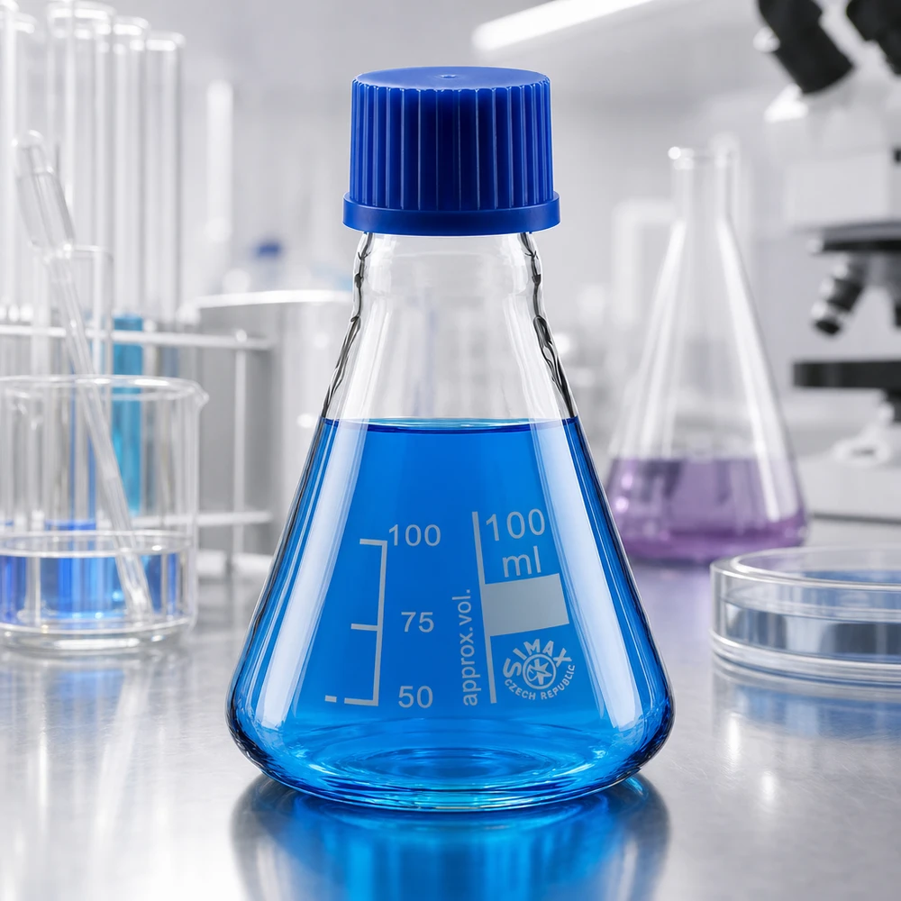 Erlenmeyerkolben 100ml Glas mit blauer Schraubkappe für Labor und Industrie bei Pacadura.de