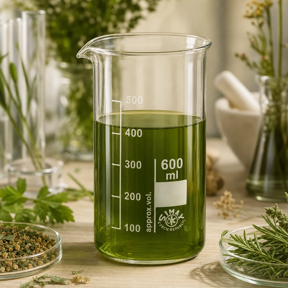 Becherglas 600ml Borosilikatglas, hohe Form Becherglas 600ml hohe Form Borosilikatglas mit grünem Pflanzenextrakt im Labor Profi-Laborglas Pacadura