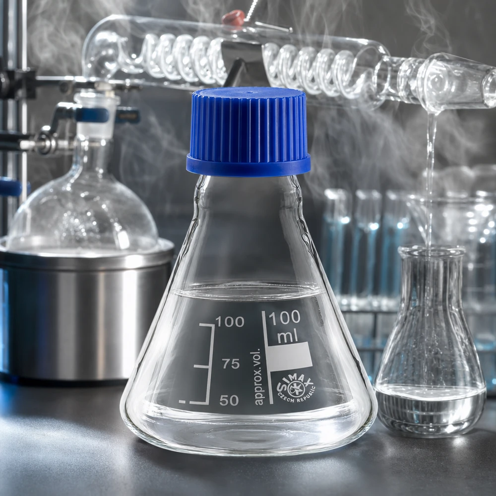 Erlenmeyerkolben 100ml mit Schraubkappe Erlenmeyerkolben 100ml Glas mit blauer Schraubkappe für professionelle Laboranwendungen bei Pacadura.de
