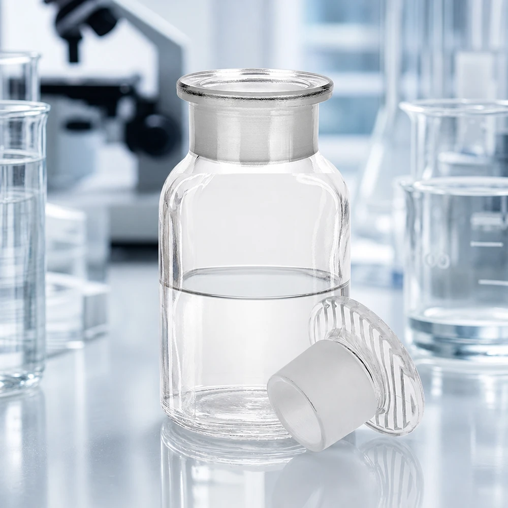 Rundschulterfl. 100ml klar Weithals Glasstopfen Rundschulterflasche 100ml Weithals klar mit Glasstopfen für Labor und Gewerbe bei Pacadura