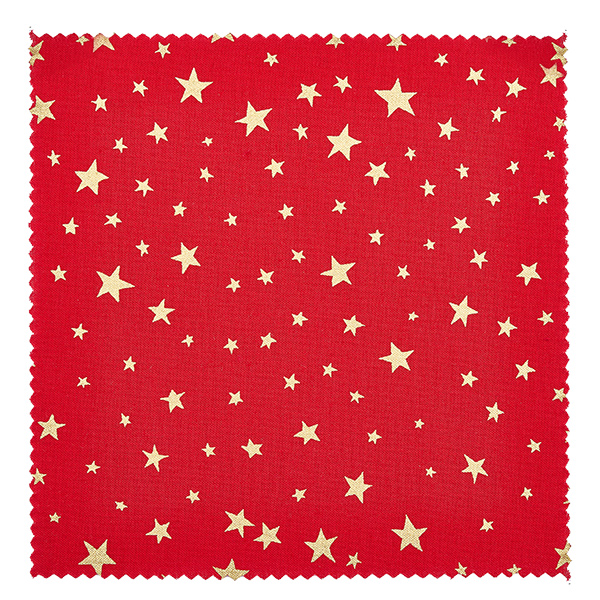 Stoff Schmuckdeckchen rot "Sterne" 12cm eckig Rotes Stoffdeckchen mit goldenen Sternen Muster Nahaufnahme 12cm quadratisch Schmuckdeckchen Detail