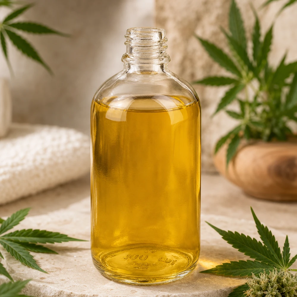 100ml Apothekenflasche ClearLine UT18/100 UNiTWIST 100ml Apothekerflasche ClearLine DIN18 aus Klarglas mit gelbem CBD-Öl gefüllt für professionelle Abfüllung