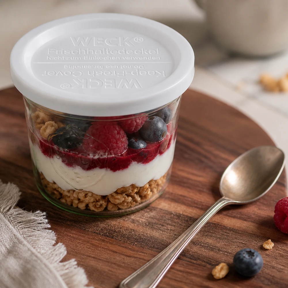 WECK Frischhaltedeckel RR120 WECK Frischhaltedeckel RR120 auf Joghurt-Beeren-Dessert im Glas mit Löffel auf Holzbrett Küchenzubehör