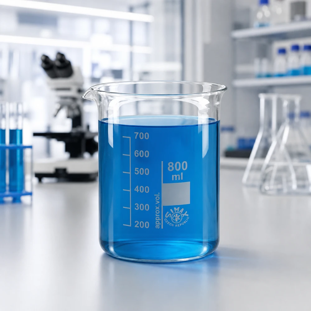 Becherglas 800ml Borosilikatglas, niedrige Form Becherglas 800ml Borosilikatglas niedrige Form für Labor und Industrie mit blauer Flüssigkeit auf Labortisch