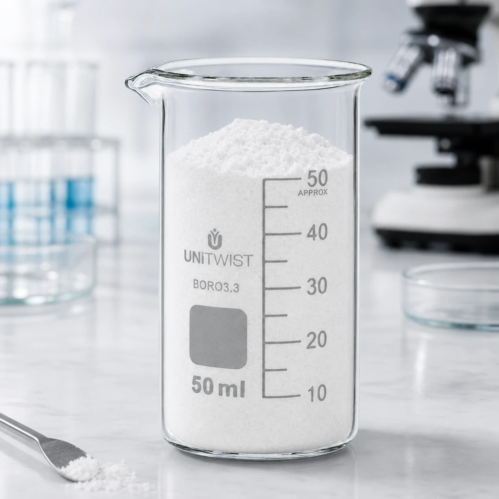Becherglas 50ml Borosilikat, hohe Form UNiTWIST Becherglas 50ml Borosilikat hohe Form UNITWIST mit weißem Pulver im Labor