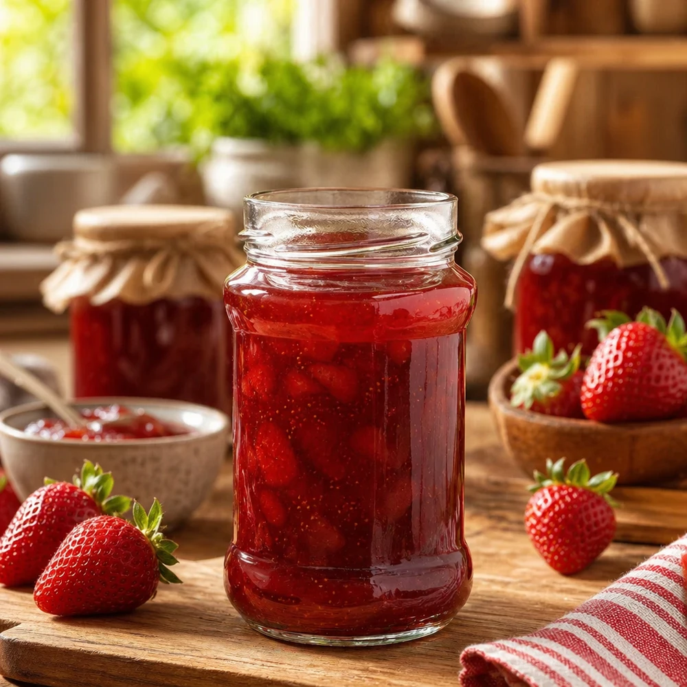 390ml Rundglas ohne Deckel (TO66deep) UNiTWIST Rundglas 390ml mit Erdbeermarmelade gefüllt auf Holztisch mit frischen Erdbeeren und weiteren Marmeladengläsern im Hinte