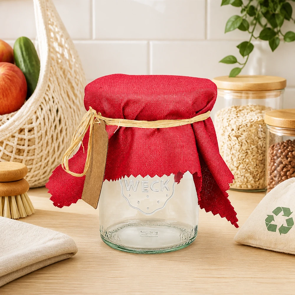 Stoff Schmuckdeckchen bordeaux 15cm eckig Bordeauxrotes Stoff Schmuckdeckchen 15cm eckig auf WECK Glas in nachhaltiger Zero-Waste Küche mit Naturtextilien