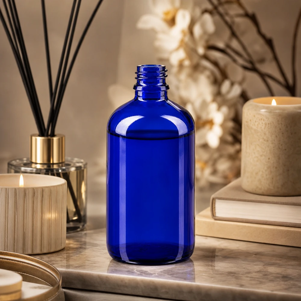 100ml blaue Apothekerflasche aus hochwertigem ApoGlas für professionelle Anwendung im Fachhandel bei Pacadura