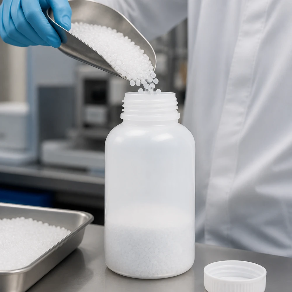 500ml Laborflasche Weithals ohne Verschluss 500ml Weithals-Laborflasche aus HDPE für professionelle Laboranwendungen beim Befüllen mit Granulat