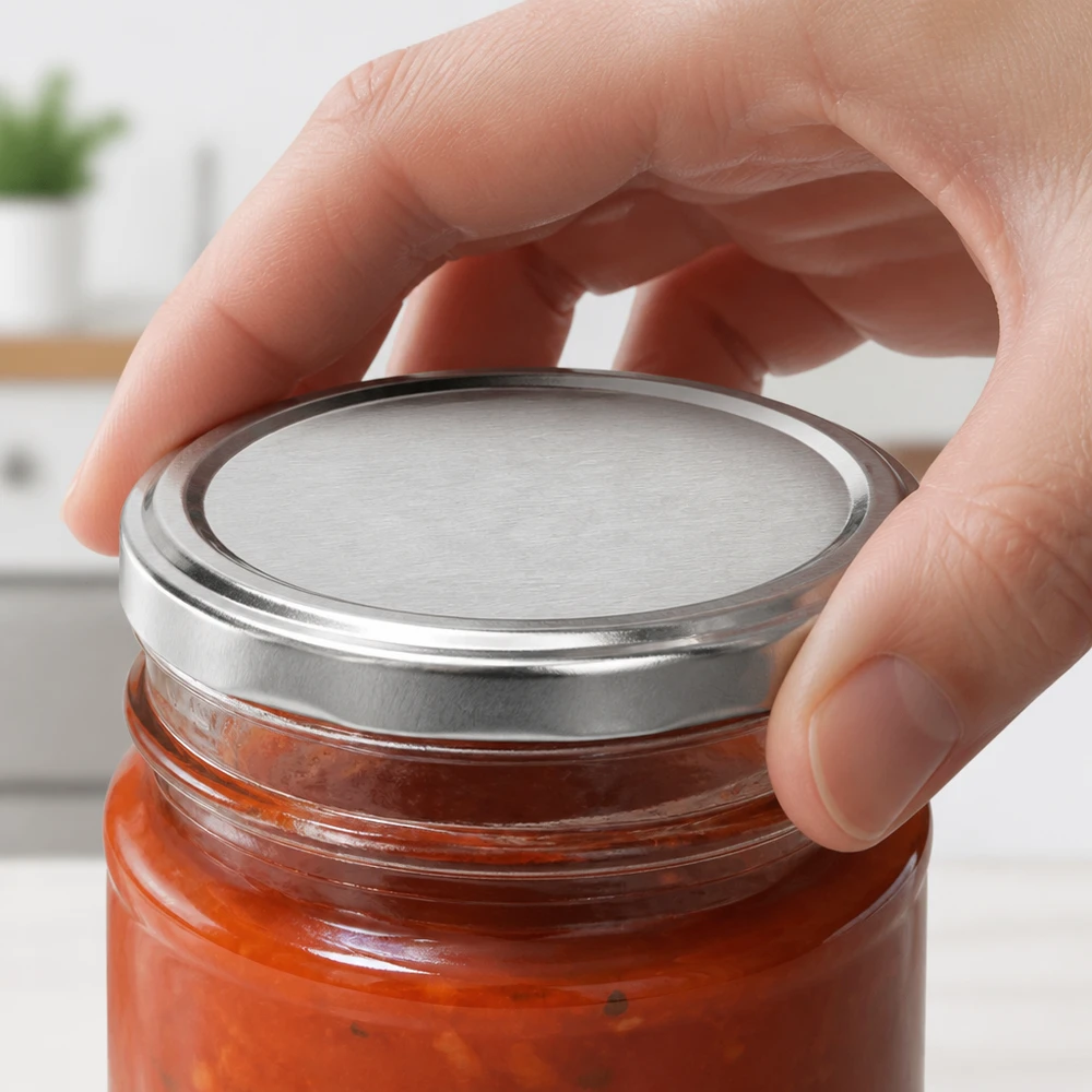 58mm BasicSeal Twist-Off Deckel TO58 silber auf Einmachglas mit Tomatensauce gewerblicher Einsatz Pacadura
