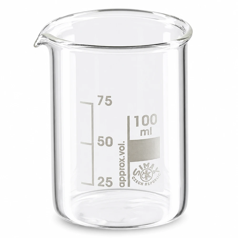Becherglas 100ml Borosilikatglas, niedrige Form Becherglas 100ml aus Borosilikatglas niedrige Form für professionelle Laboranwendungen und präzises Abmessen