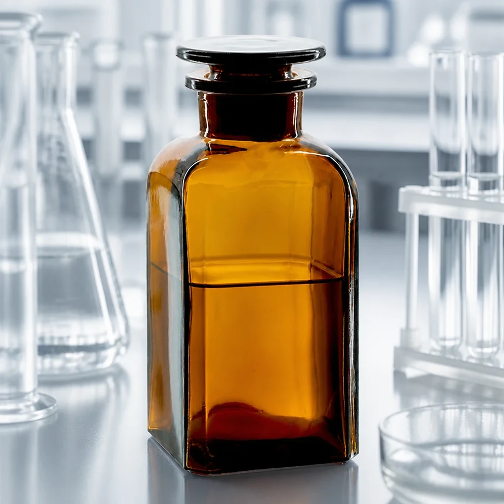 Vierkantflasche 350ml Braunglas Weithals mit Glasstopfen für professionellen Laboreinsatz