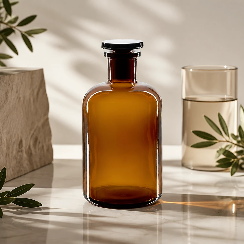 Rundschulterfl. 500ml braun Enghals Glasstopfen Braune Enghals-Rundschulterflasche 500ml aus Glas mit Glasstopfen für professionellen Laboreinsatz