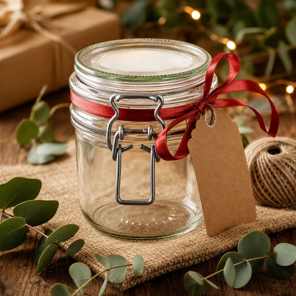 255ml Vorratsglas Typ G mit Bügelverschluss UN 255ml Bügelverschlussglas leer mit Geschenkband und Etikett für gewerbliche Verpackung und Präsentation