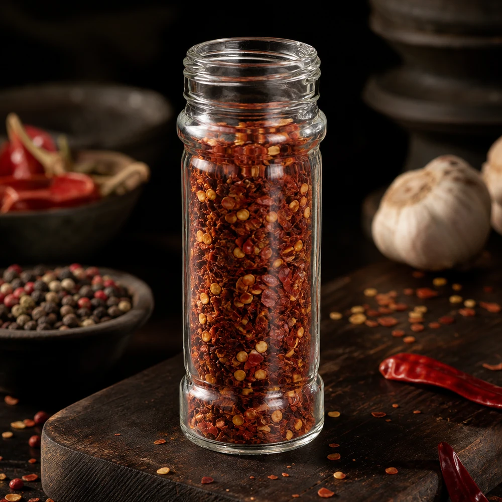 Gewürzglas Mary 100ml Klarglas 41mm Gewinde gefüllt mit Chiliflocken für gewerblichen Einsatz
