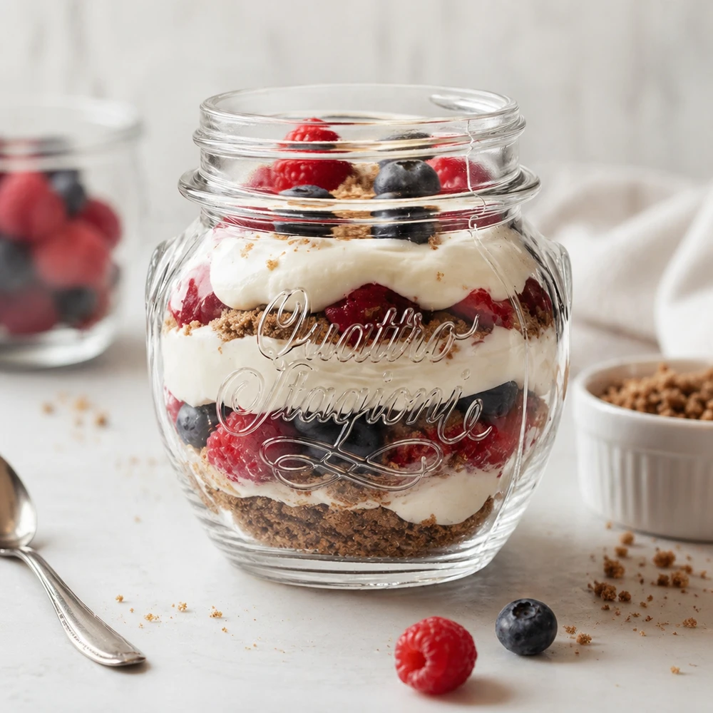300ml Rundglas "Quattro Stagioni" QS70mm 300ml Quattro Stagioni Haushaltsglas mit Schichtdessert aus Beeren, Creme und Kekskrümeln gefüllt