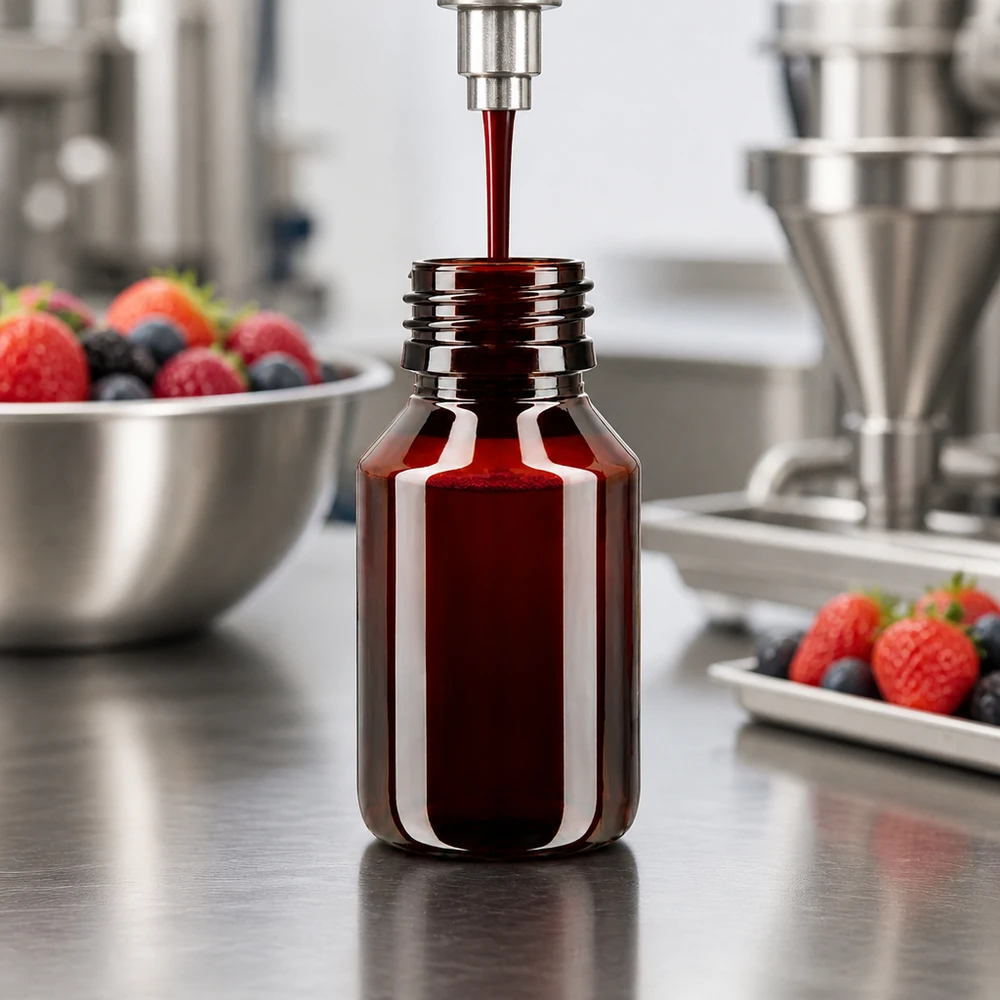 PET Flasche 50ml PP28 braun ohne Verschluss wird mit rotem Fruchtsaft befüllt professioneller Einsatz