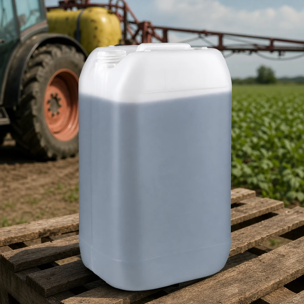 Weißer 15 Liter Kunststoffkanister ohne Verschluss auf Holzpalette vor landwirtschaftlichem Sprühgerät