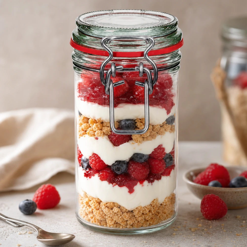 272ml Vorratsglas Typ G mit Bügelverschluss UN.. 272ml Vorratsglas mit Bügelverschluss als Dessertglas für Beeren-Joghurt-Schichtdessert im professionellen Gastronomieei