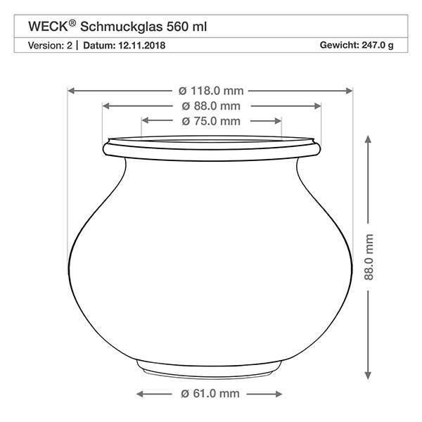 WECK Schmuckglas 560ml RR80 technische Zeichnung Maße Durchmesser Höhe 118mm 88mm Produktspezifikation Gewicht 247g