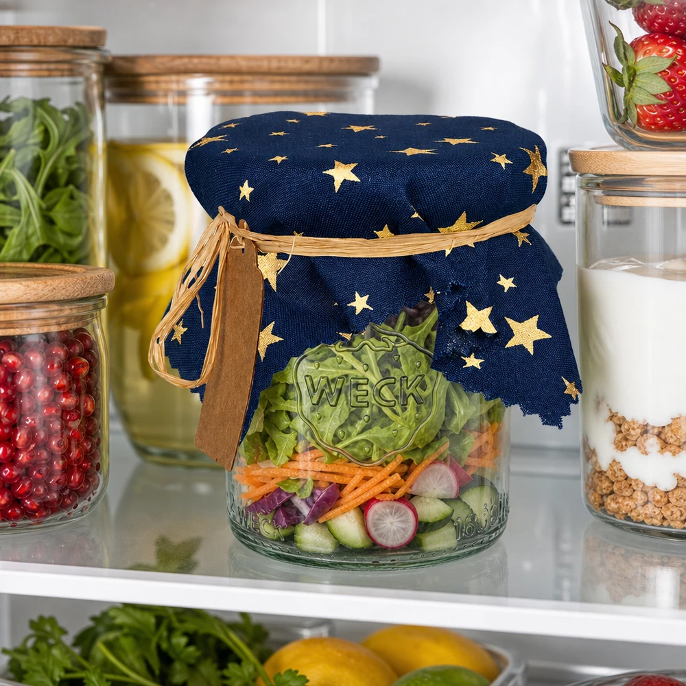 Stoff Schmuckdeckchen blau "Sterne" 15cm eckig Blaues Schmuckdeckchen mit Sternenprint auf Salatglas im Kühlschrank - praktisches Stoffdeckchen 15cm eckig