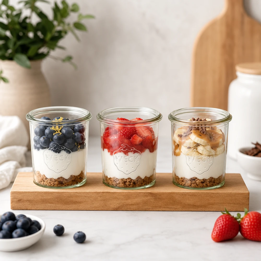 Servierbrett Plano3 mit Weck Gläsern als Joghurt-Parfait mit Beeren Granola und Nüssen in heller Küche