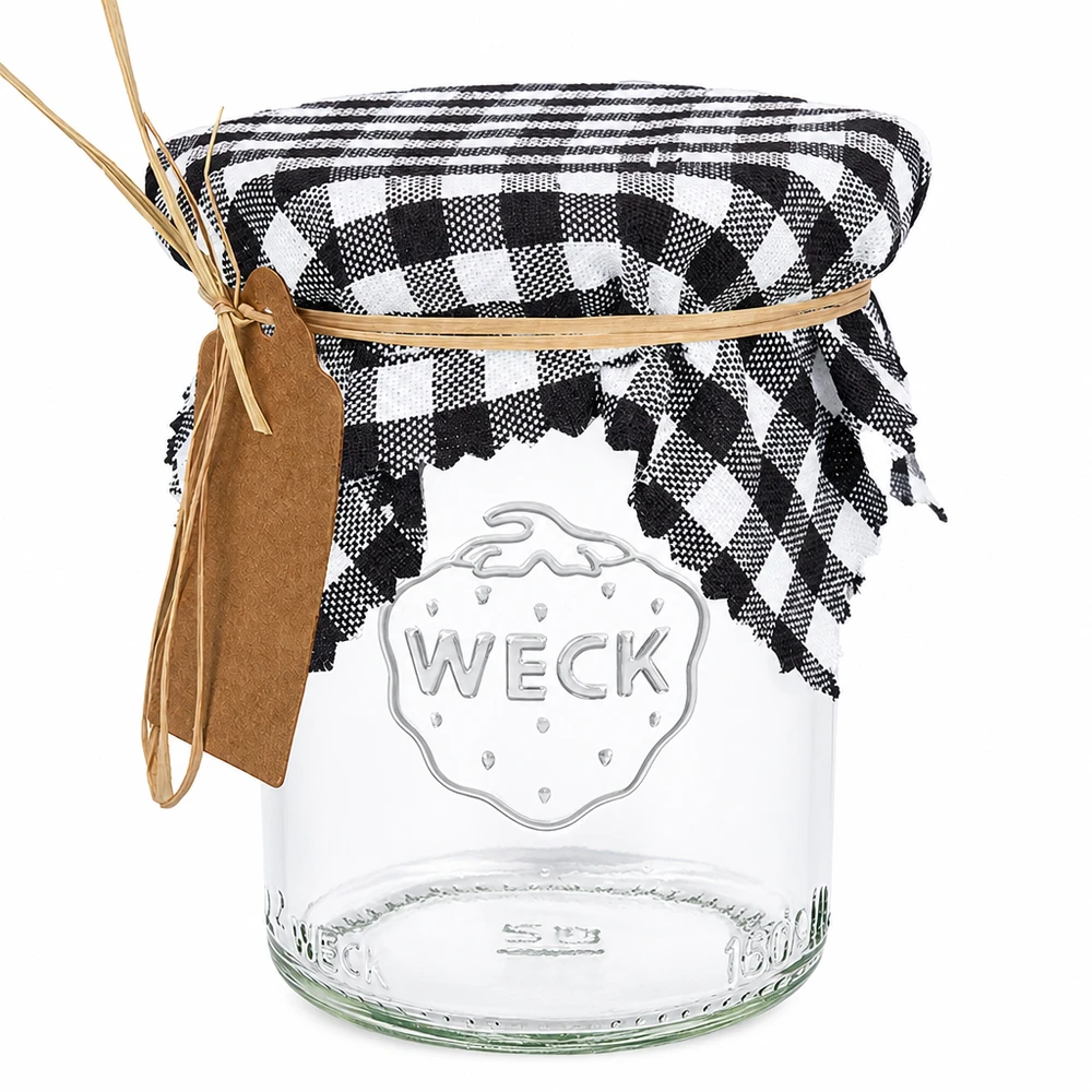 Stoff Schmuckdeckchen schwarz-kariert 12cm eckig Weckglas mit schwarz-weiß kariertem Stoffdeckchen und Bast-Schleife, dekorative Aufbewahrung im Landhausstil