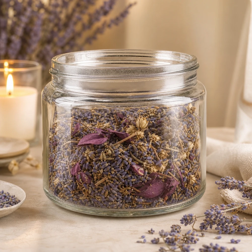 Salbenglas (Glastiegel) 250 ml klar, ohne Deckel Glastiegel 250ml mit Lavendel und getrockneten Kräutern befüllt rustikale Deko-Aufbewahrung für Tees und Gewürze