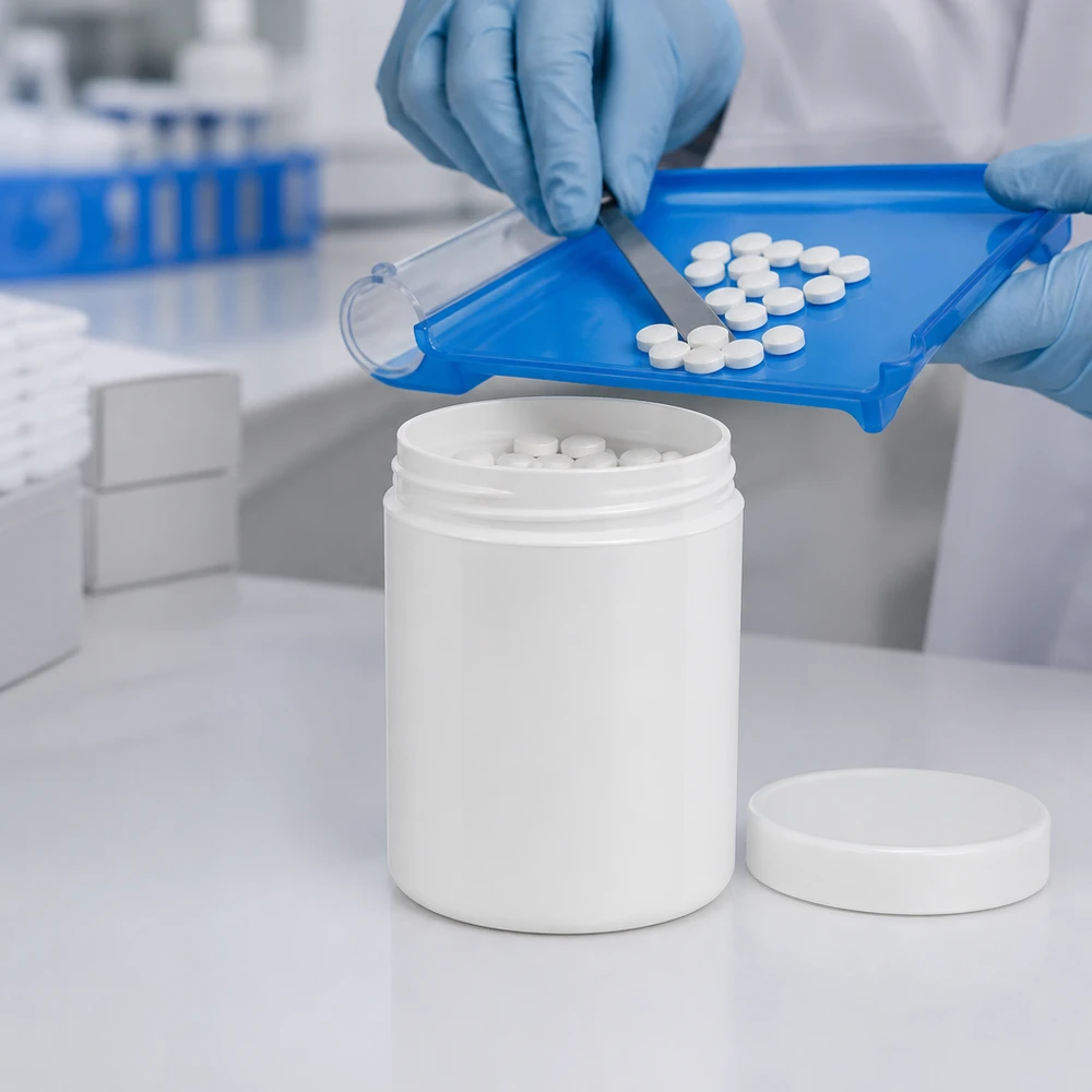 Salbenkruke 100g weiß mit weißem Schraubdeckel (Polypropylen) Weiße PP-Salbenkruke 100g mit Schraubdeckel für pharmazeutische und kosmetische Abfüllung im Labor