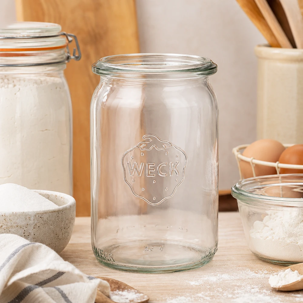 145ml Zylinderglas WECK RR40 WECK RR40 Zylinderglas 145ml in moderner Küche zwischen Vorratsgläsern mit Mehl und Eiern atmosphärisch inszeniert