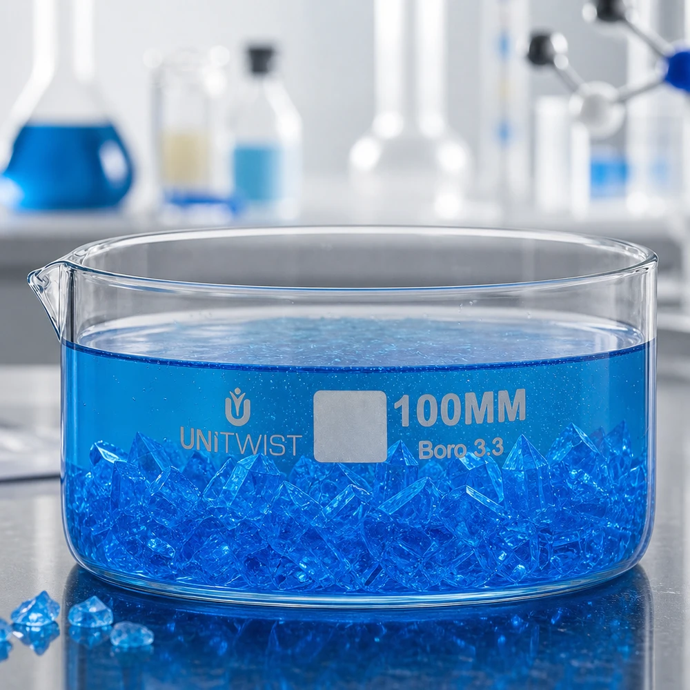 Kristallisierschale ø100mm Borosilikatglas UNiTWIST Kristallisierschale 100mm Borosilikatglas 3.3 UNiTWIST mit blauen Kristallen im Labor