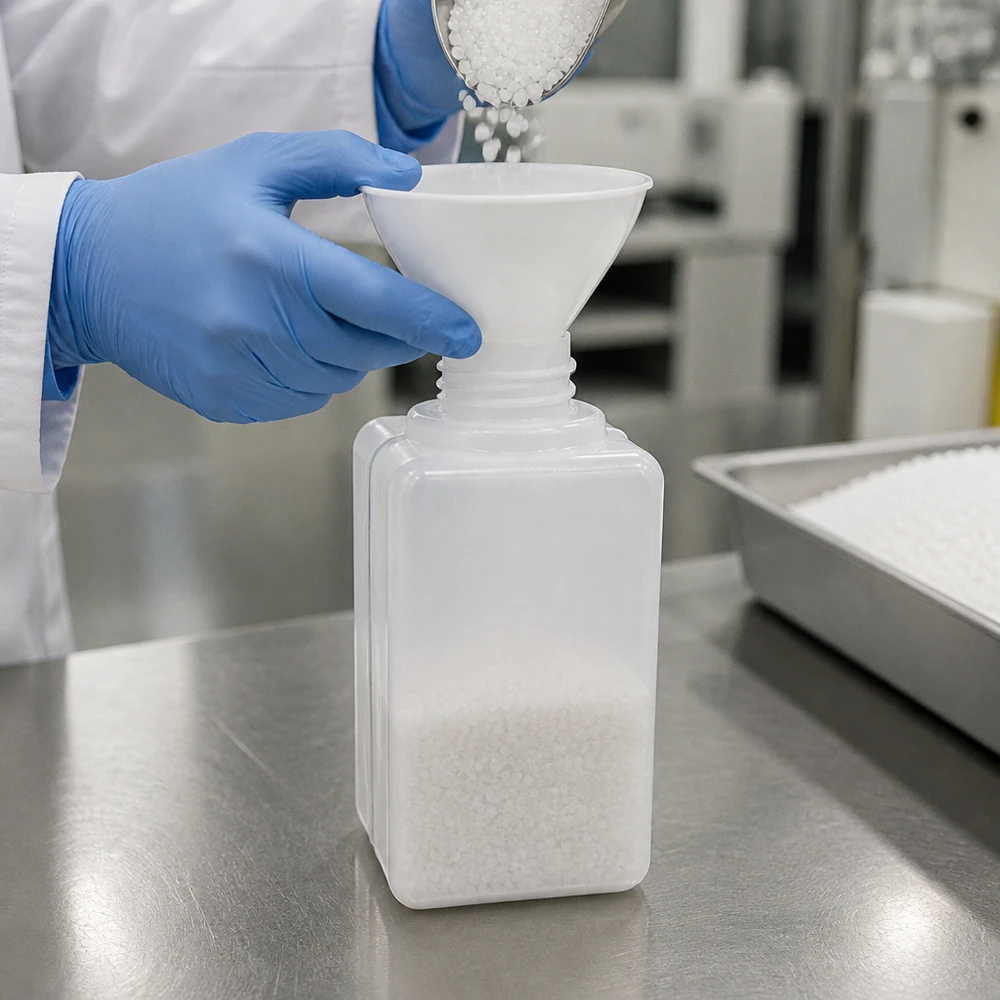 Chemikalienflasche 50ml Enghals PE-HD GL 18 beim professionellen Befüllen mit weißen Granulat-Pellets im Labor