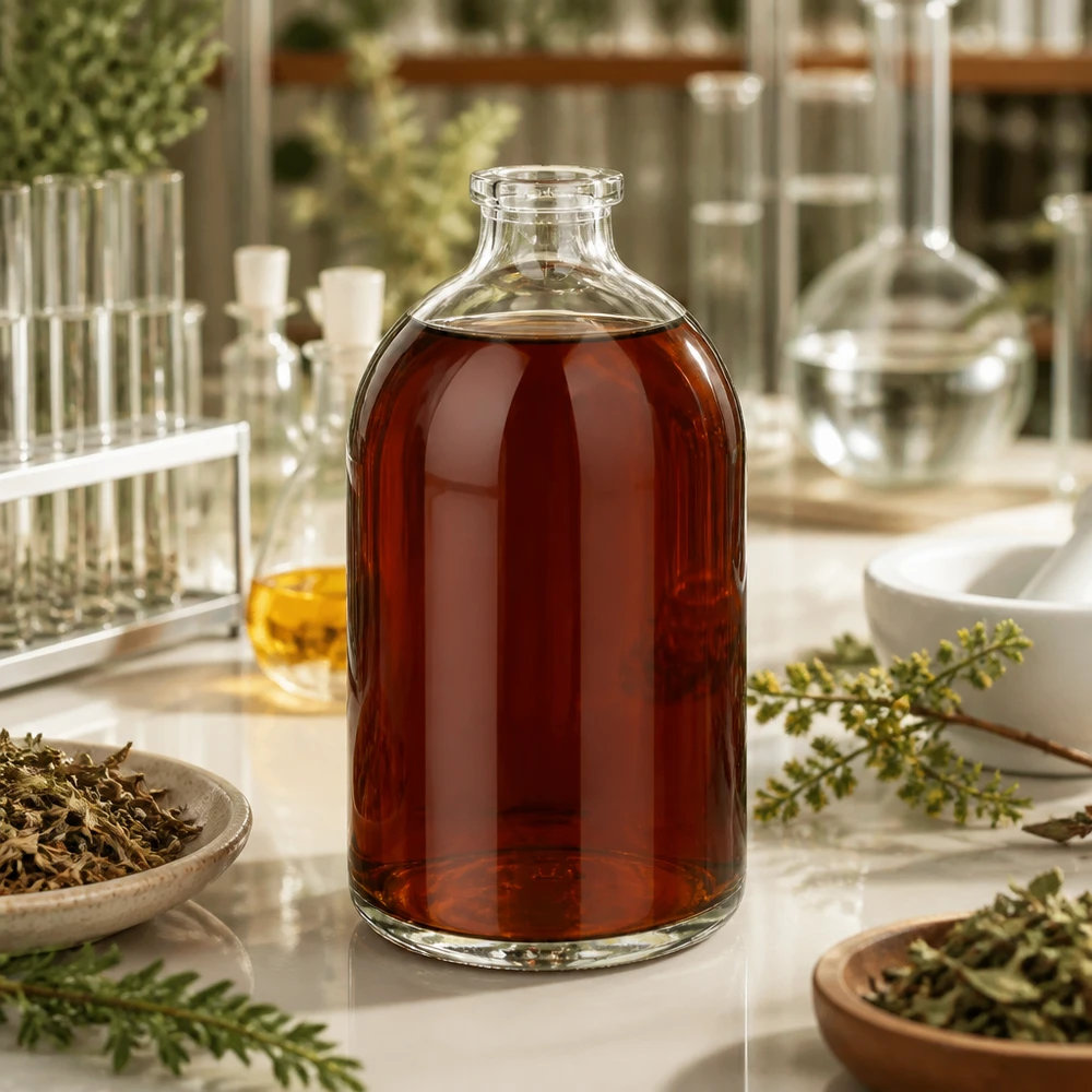 Injektionsflasche Klarglas 100ml Injektionsflasche Klarglas 100ml für professionellen Laboreinsatz mit Kräuterextrakt gefüllt
