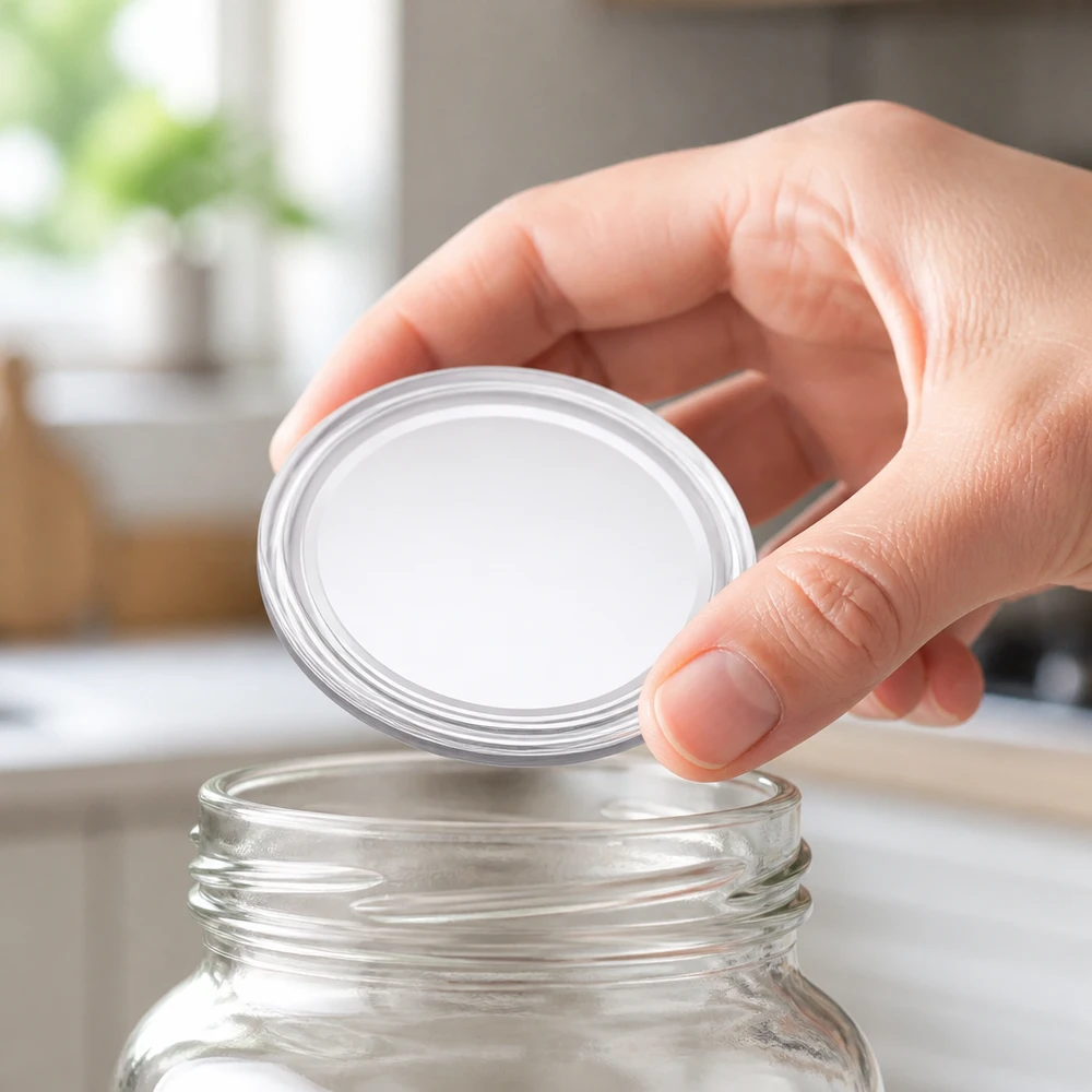 Hand setzt weißen TO63 BasicSeal Twist-Off-Deckel 63mm auf Einmachglas Verschluss für Lebensmittel Großhandel
